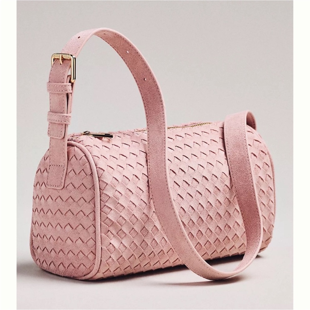 Anthropologie Woven Shoulder Bag Faux Suede in Blush Pink